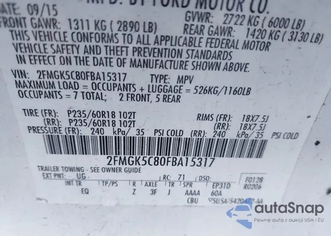 2015 Ford Flex Sel из США, поврежденный, VIN 2FMGK5C80FBA15317